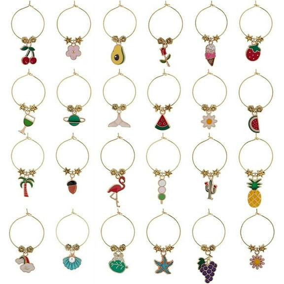 24 Style Summer Theme Wine Glass Charms Flower Fruit Goblet Drink Markers Tags with Hoop Rings and Beads for Cocktail Champagne Tasting Party Favors Decoration Supplies Gifts