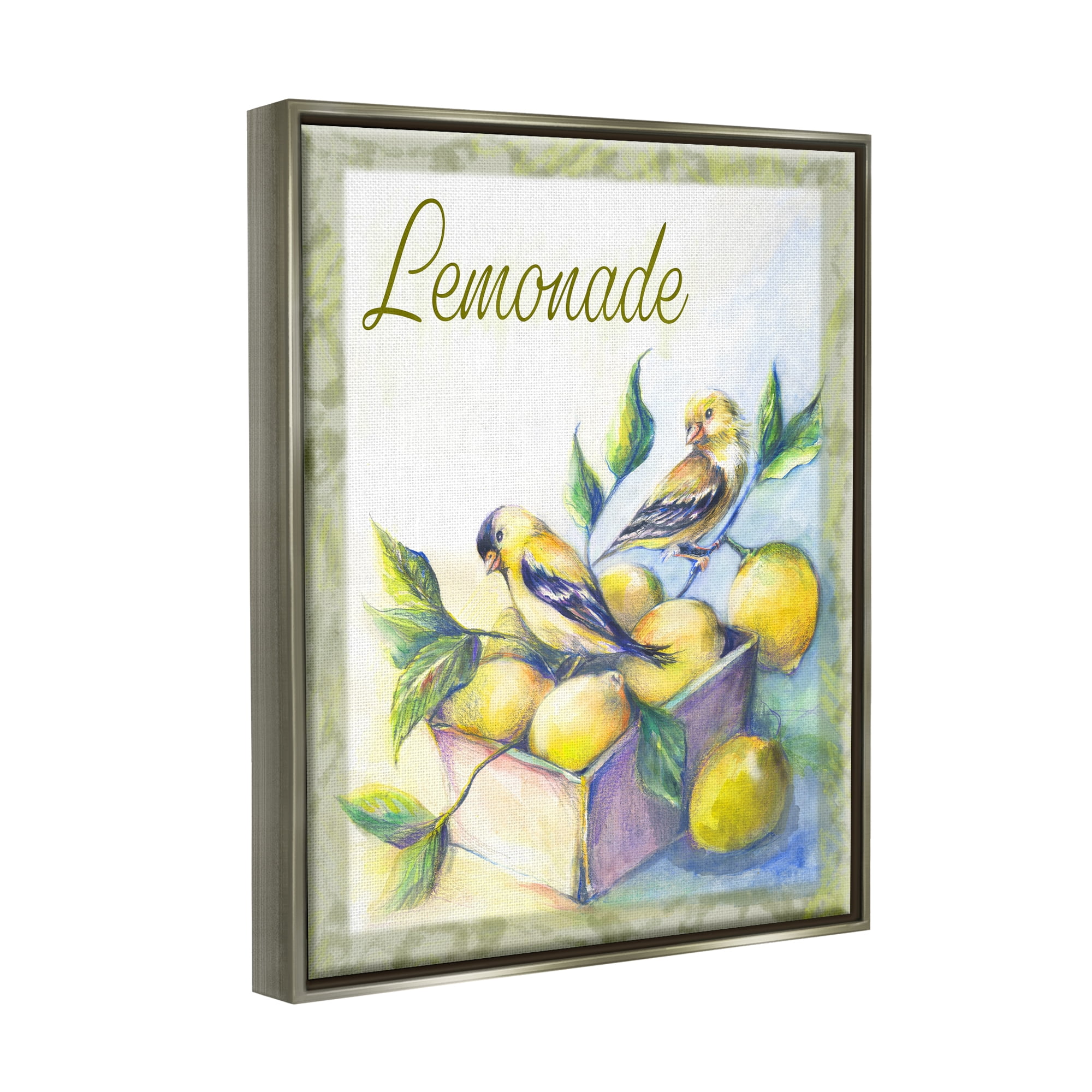 Stupell Industries Lemonade Phrase with Canaries Food & Beverage Painting Gray Floater Framed Canvas Art Print Wall Art, 17 x 21