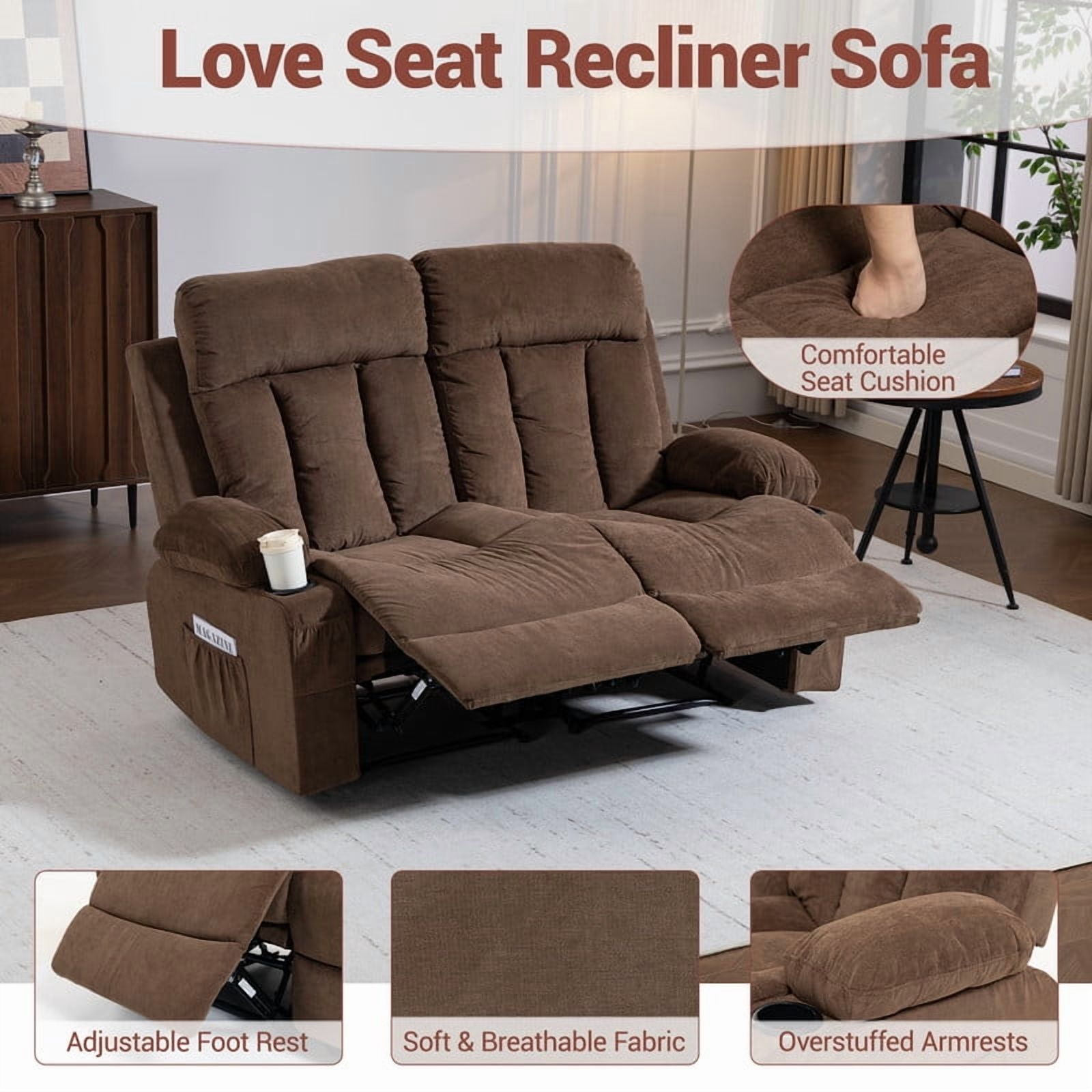 WENTUM Loveseat Recliner Sofa with Cup Holders, 2 Seat Manual Recliner Chair, reclining loveseat couch for Living Room, Home Theater, Small Spaces, Brown