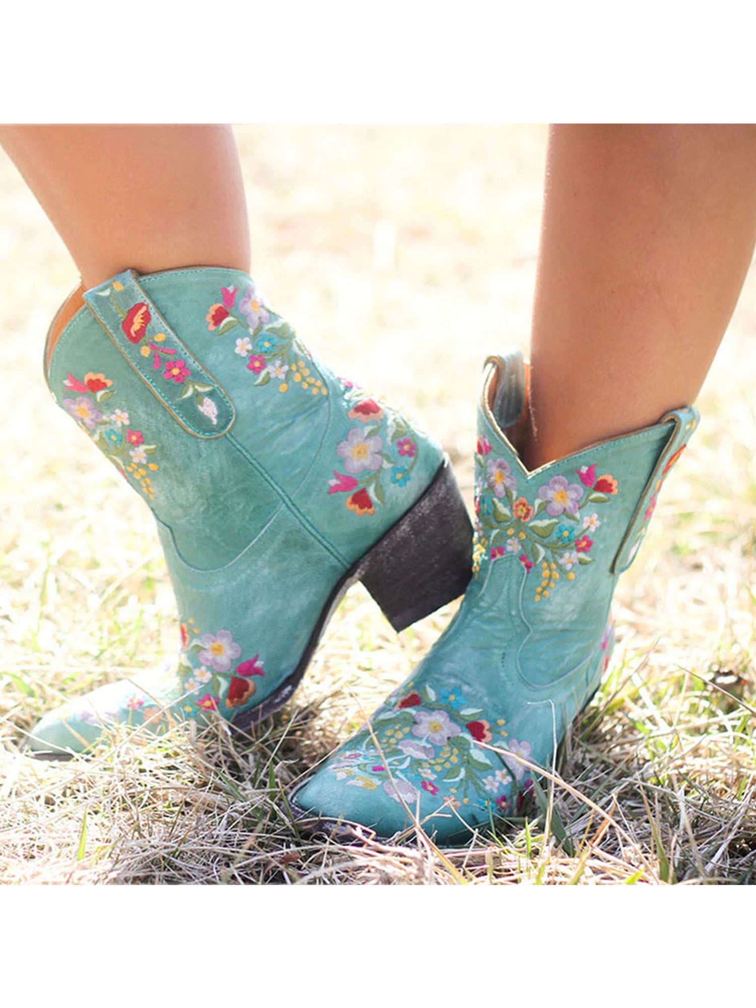 Ymiytan Fashion Cowboy Boots for Women Mid-heel Embroidery Flower Retro Ankle Boots Casual Slip on Shoes, Women's, Size: 9