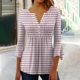 thumbnail image 3 of Womens 3/4 Long Sleeve Blouse Pleated Print Tunic Tops Crew Neck Button Shirt Casual Slim Tee Striped Spring Fall Clothes (Purple L), 3 of 5