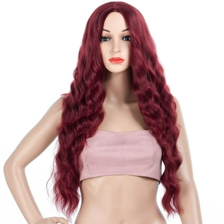 Central Parting Hair Style Corn Perm Big Wave Long Wig Red Wine