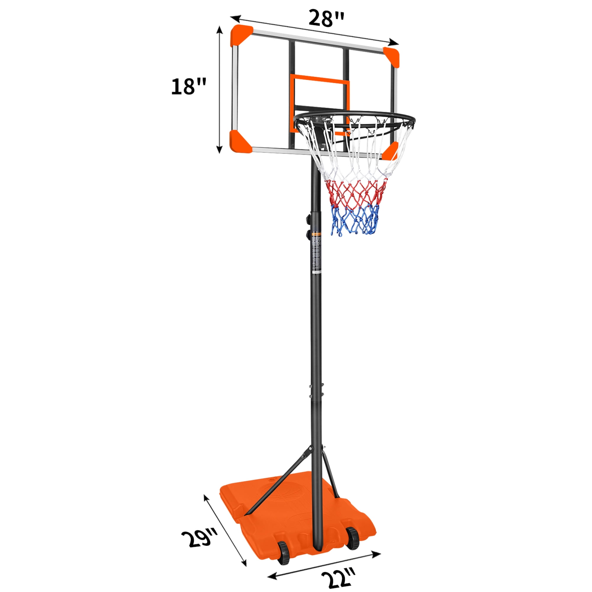 Portable Basketball Hoop,Outdoor Basketball Hoop Adjustable Height 5.6ft - 7ft,28 Inch Backboard with 2 Wheels for Kids Youth in Backyard Driveway,Orange