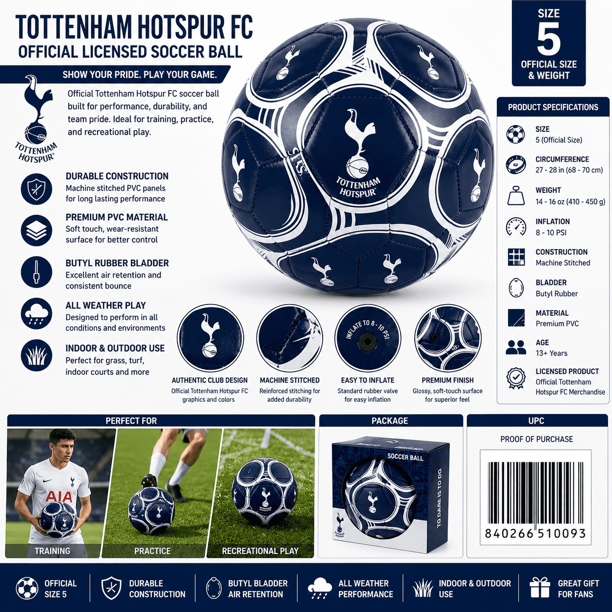Tottenham Hotspur FC Official Licensed Soccer Ball Size 5 Machine Stitched PVC Indoor Outdoor Soccer Ball