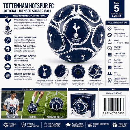 Tottenham Hotspur FC Official Licensed Soccer Ball Size 5 Machine Stitched PVC Indoor Outdoor Soccer Ball