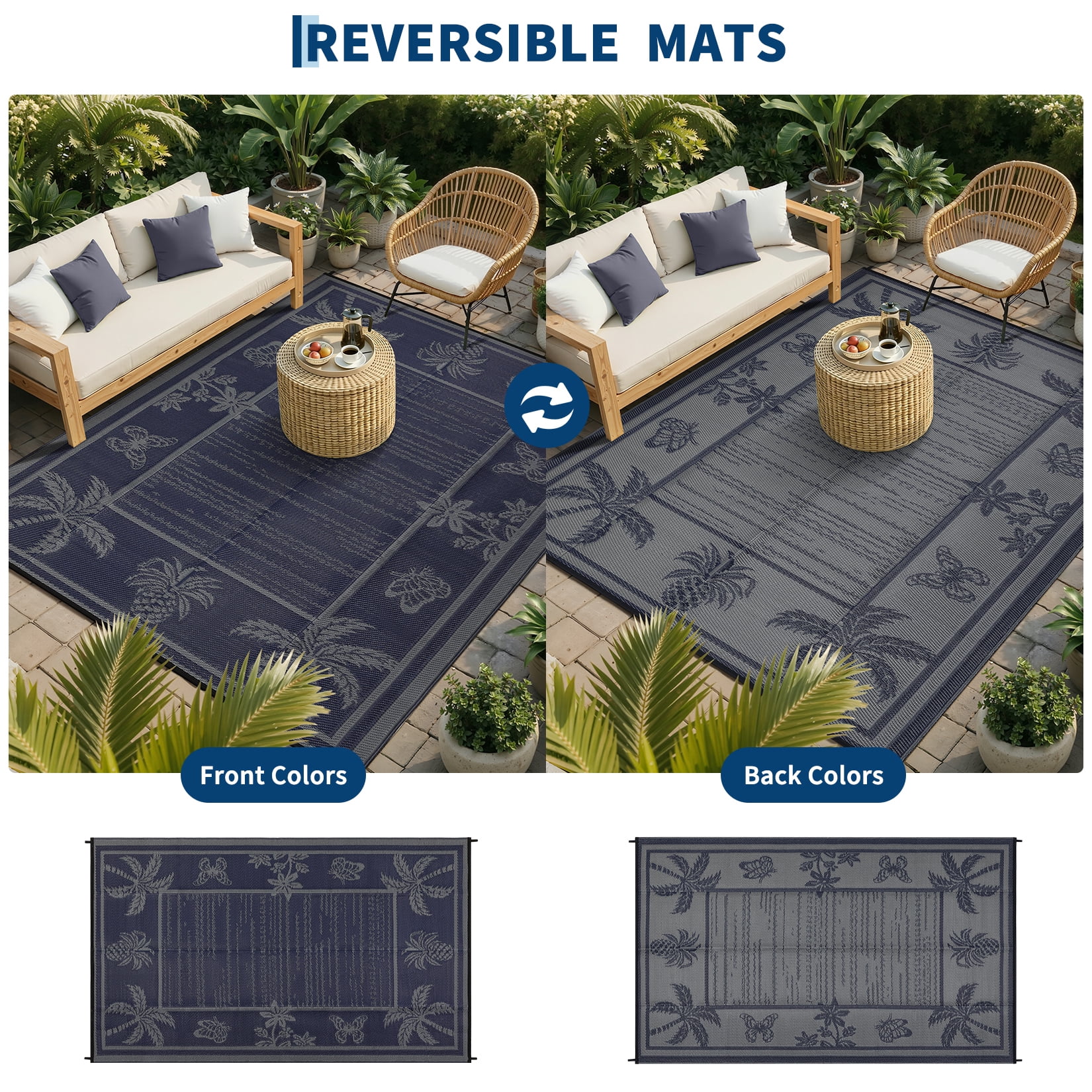 Garvee Outdoor Rug 8x10ft Waterproof Reversible Foldable Plastic Straw Rug, Tropical Leaf Border Outdoor Mat for Patio, Camping, RV, Deck, Porch, Balcony, Black Blue