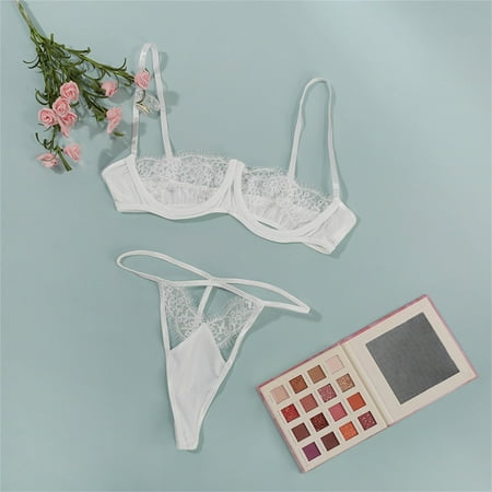 USSUMA Lingerie for Women  Women s See-Through Lace Stitching Sling Bra Split Sexy Underwear Set S-L on Clearance up to 50% off White M