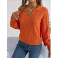 thumbnail image 2 of Solid Square Pattern Drop Shoulder Textured Knit Collared Sweater Orange Small, 2 of 5