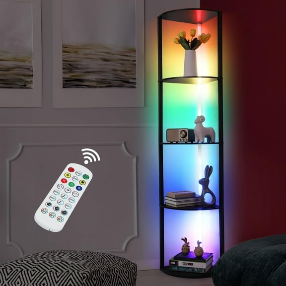 5 Tier Corner Shelf with Light, 65" Tall Display Shelf, Dimmable Tall Floor Light, Storage Rack for Wall for Living Room, Bedroom, Gaming Room, Iron   Wood Display Shelf