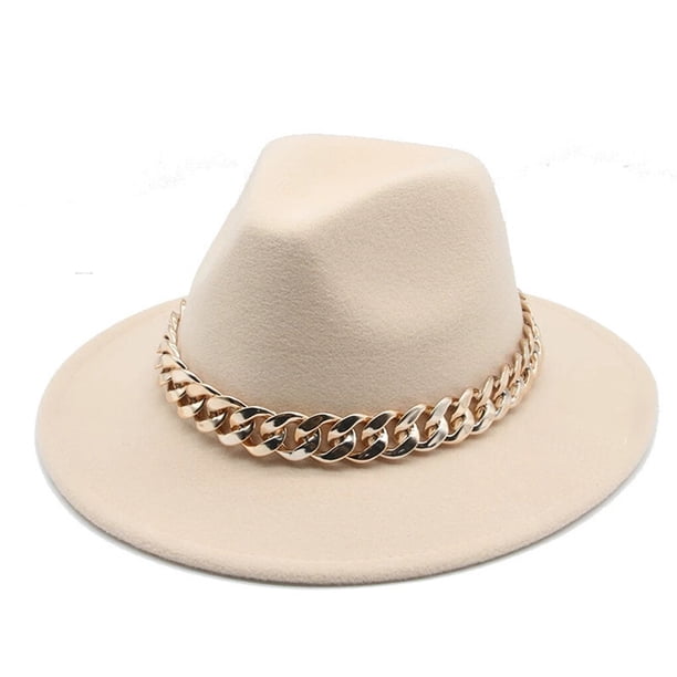 Qarigey Sombreros Fedora Unisex, tejido de ala ancha, collar de oro cálido, gorro de lana, cadena de cono de Color sólido, sombrero grueso de Sombreros Beige