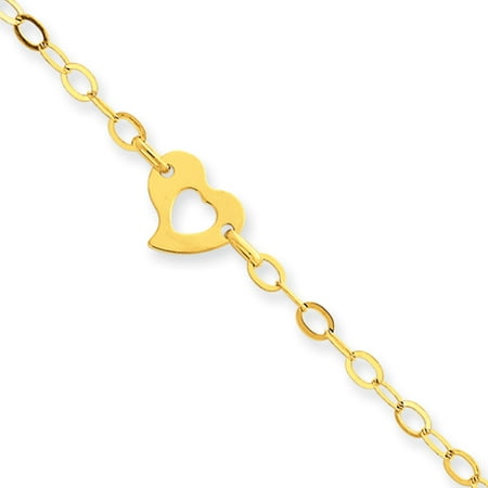 14k Yellow Gold Polished Heart Anklet, 10 Inch