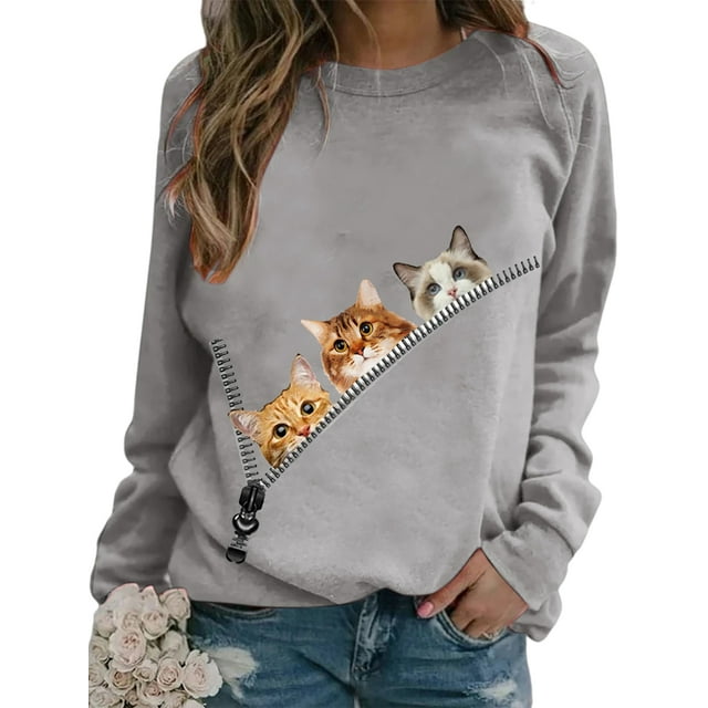 Fashnice Chandail en Molleton pour Femmes Col Rond Hauts Imprimé Chat Chandail Loisirs Automne Gris m
