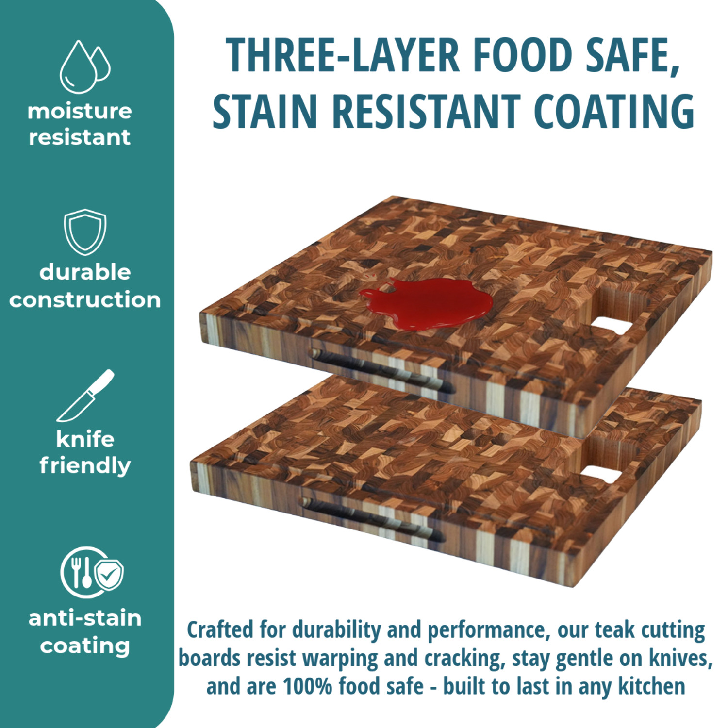 EcoDecors 17" x 18" FSC Teak End Grain Board with Groove, Handles  Chute