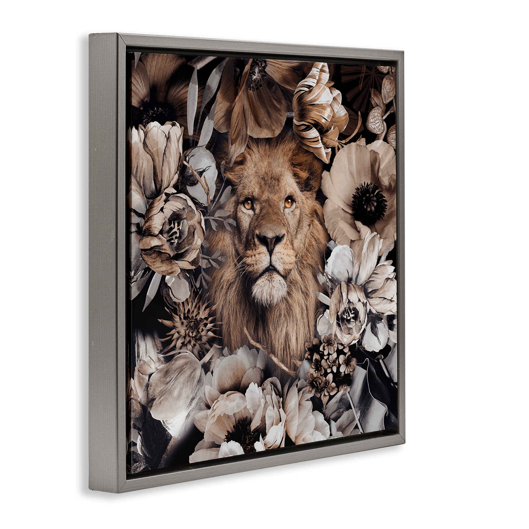 Stupell Industries Mixed Flowers & Lion Plants & Flowers Painting Gray Floater Framed Canvas Art Print Wall Art, 25 x 25