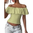 thumbnail image 3 of Women'S Off the Shoulder Blouse Ruffle Short Sleeve Smocked Going Out Crop Tops Green L, 3 of 9