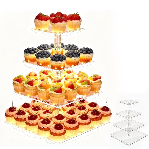 4‑Tier Square Cupcake Stand, Clear Dessert Tower Display Holder with LED Light String, Holds up to 50 Cupcakes for Birthday Wedding Party Tea Serving