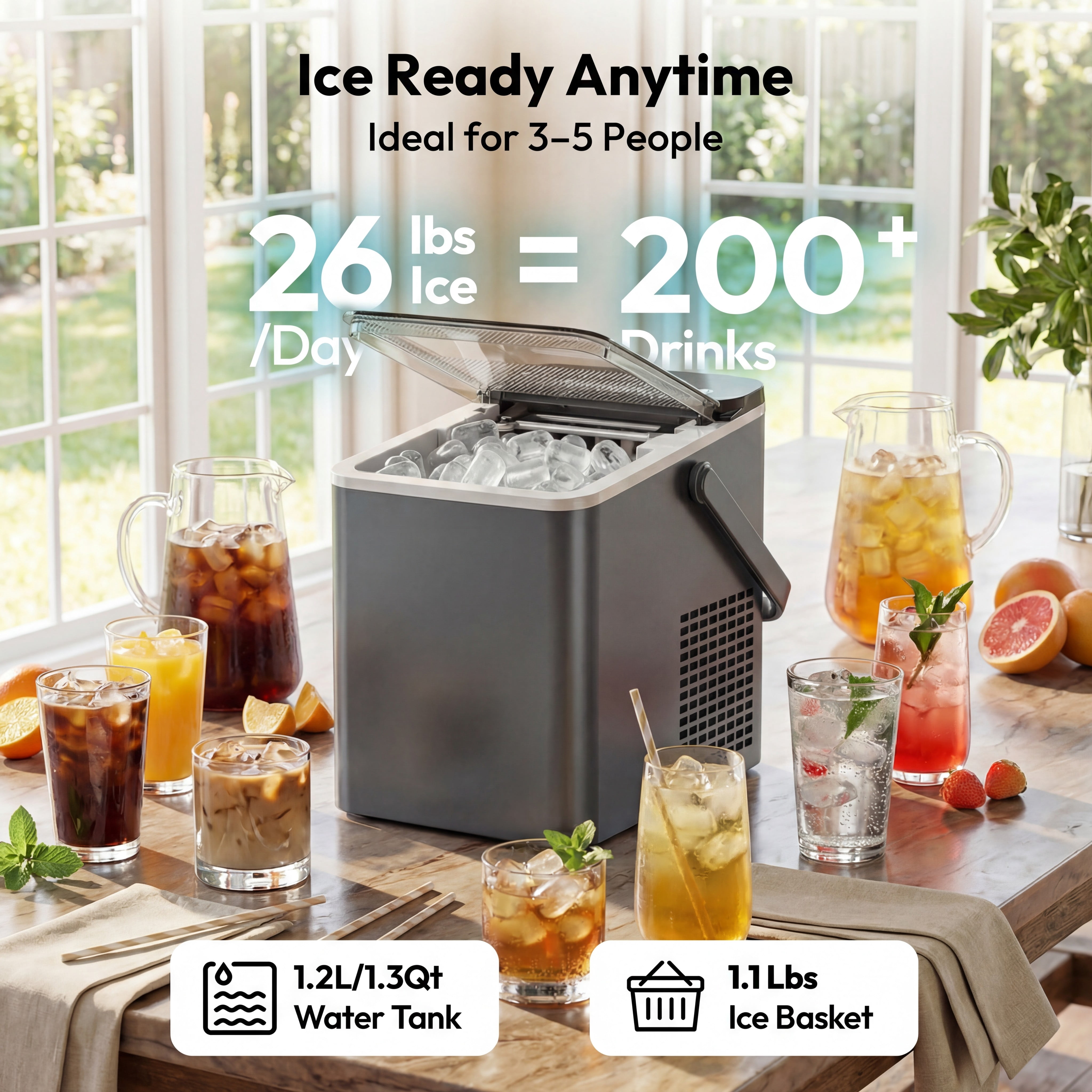 EUHOMY Countertop Ice Maker, 26 lbs/Day Portable Bullet Ice Machine, Self-Cleaning, Compact Design, Gray