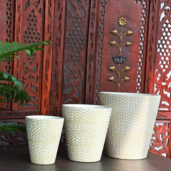 India Meets India Ceramic Flower Pot Designer Planter Vase Indoor Outdoor Planter Handicraft by Awarded Indian Artisan (8 Inch,6 Inch and 5.5 Inch, Cream)