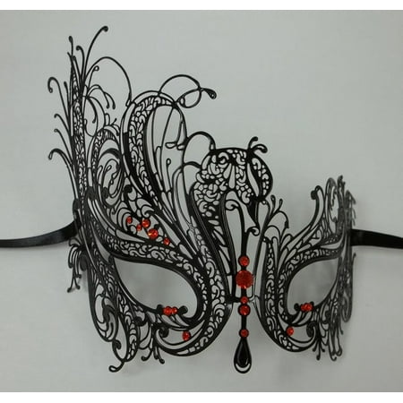 Black Red Rhinestone Swan Laser Cut Venetian Mask Masquerade Metal Filigree