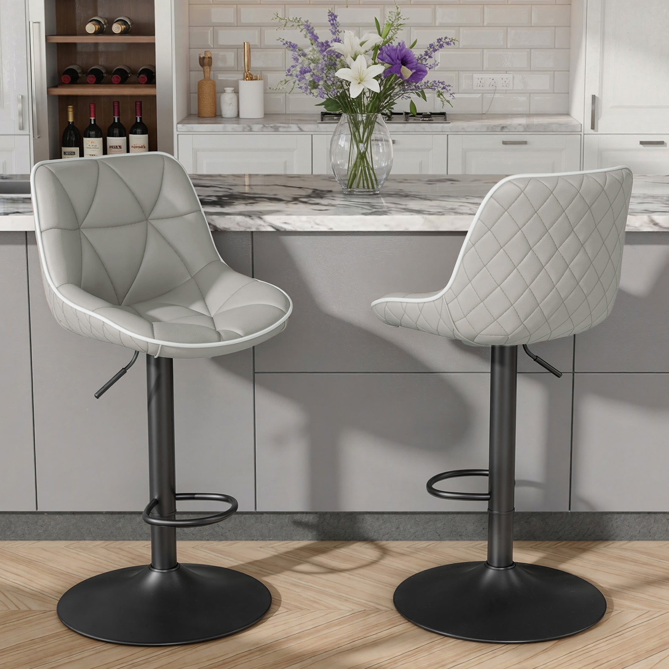 Hawsaiy Bar Stools Set of 2, Adjustable Swivel Counter Height Bar Stools with Back, Upholstered Modern Barstools with Diamond Stitching, Gray