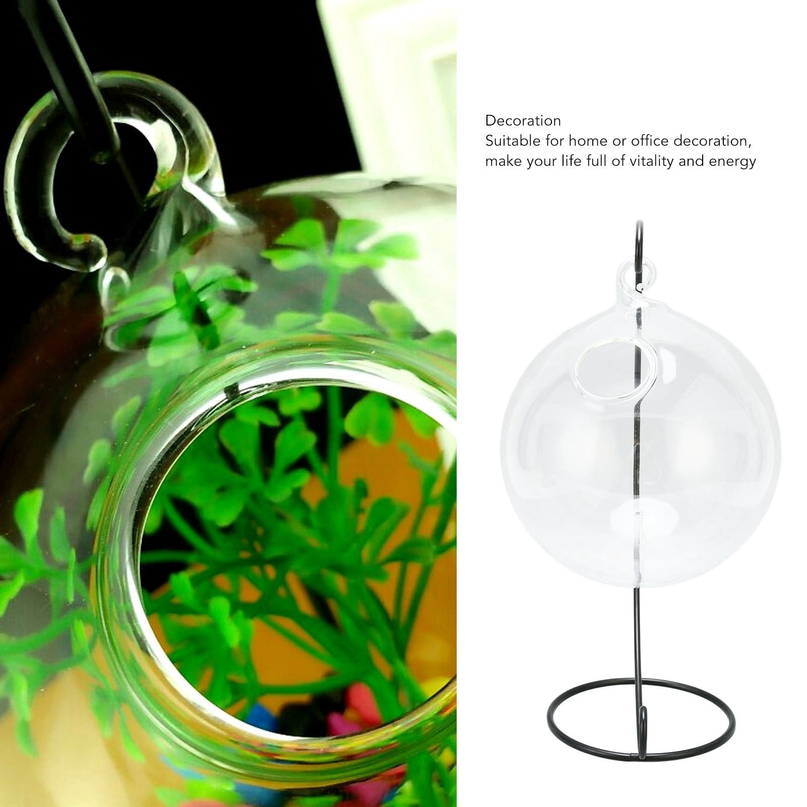 BIMZUC Hanging Glass Fish Tank Transparent Desktop Bowl with Metal Stand for Home Office Decor Mini Aquarium Kit for Betta Goldfish Plants 5.91 inches / 15.0 cm