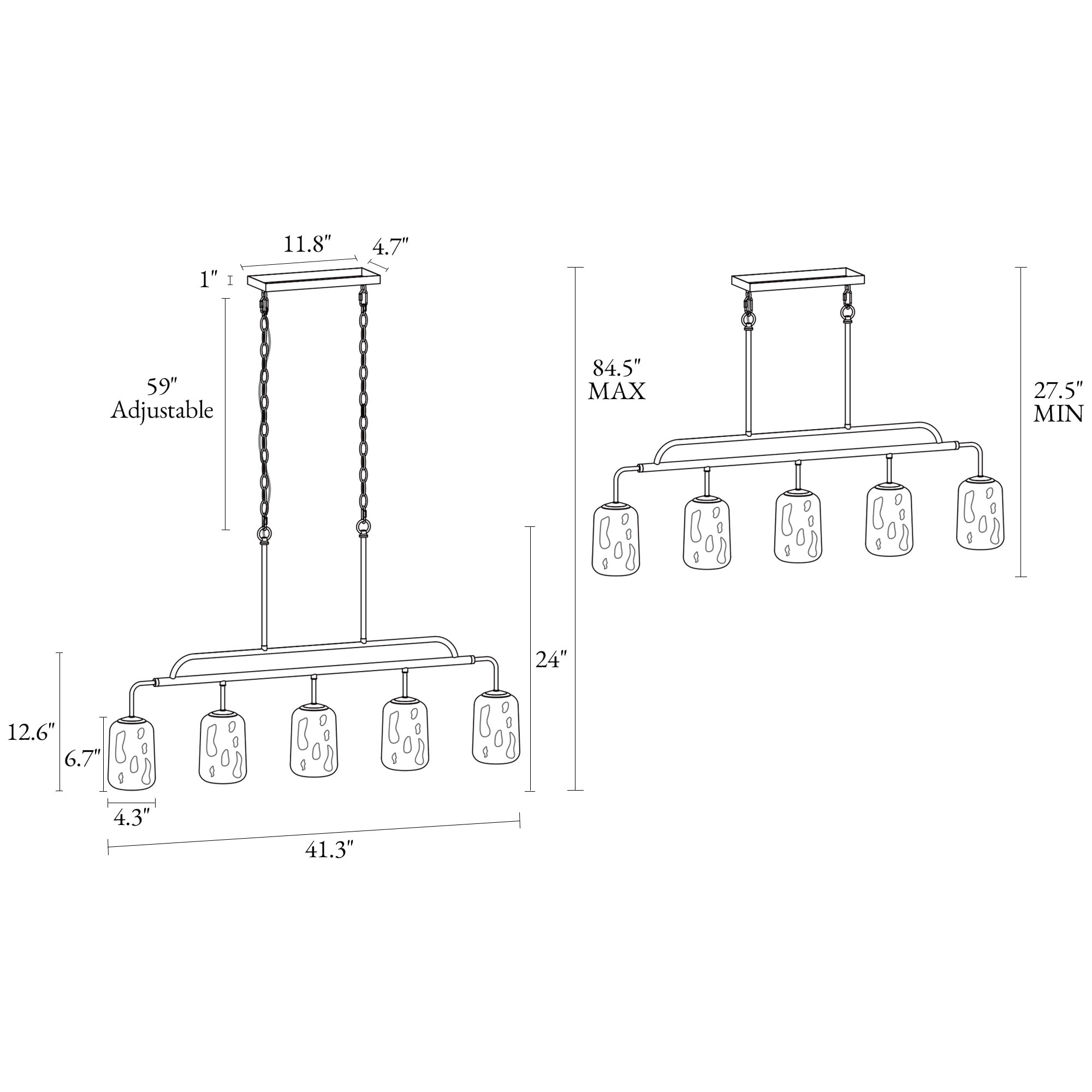 LNC Black & Gold 5-Light Linear Chandelier with Ripple Glasss, for Kitchen Island