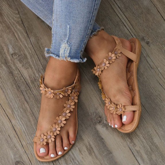 EliteGoogv Womens Toe Post Sandals Floral Flat Sandals Slip On Boho Summer Beach Shoes Sandals For Women Casual Walking Shoes Khaki US :8