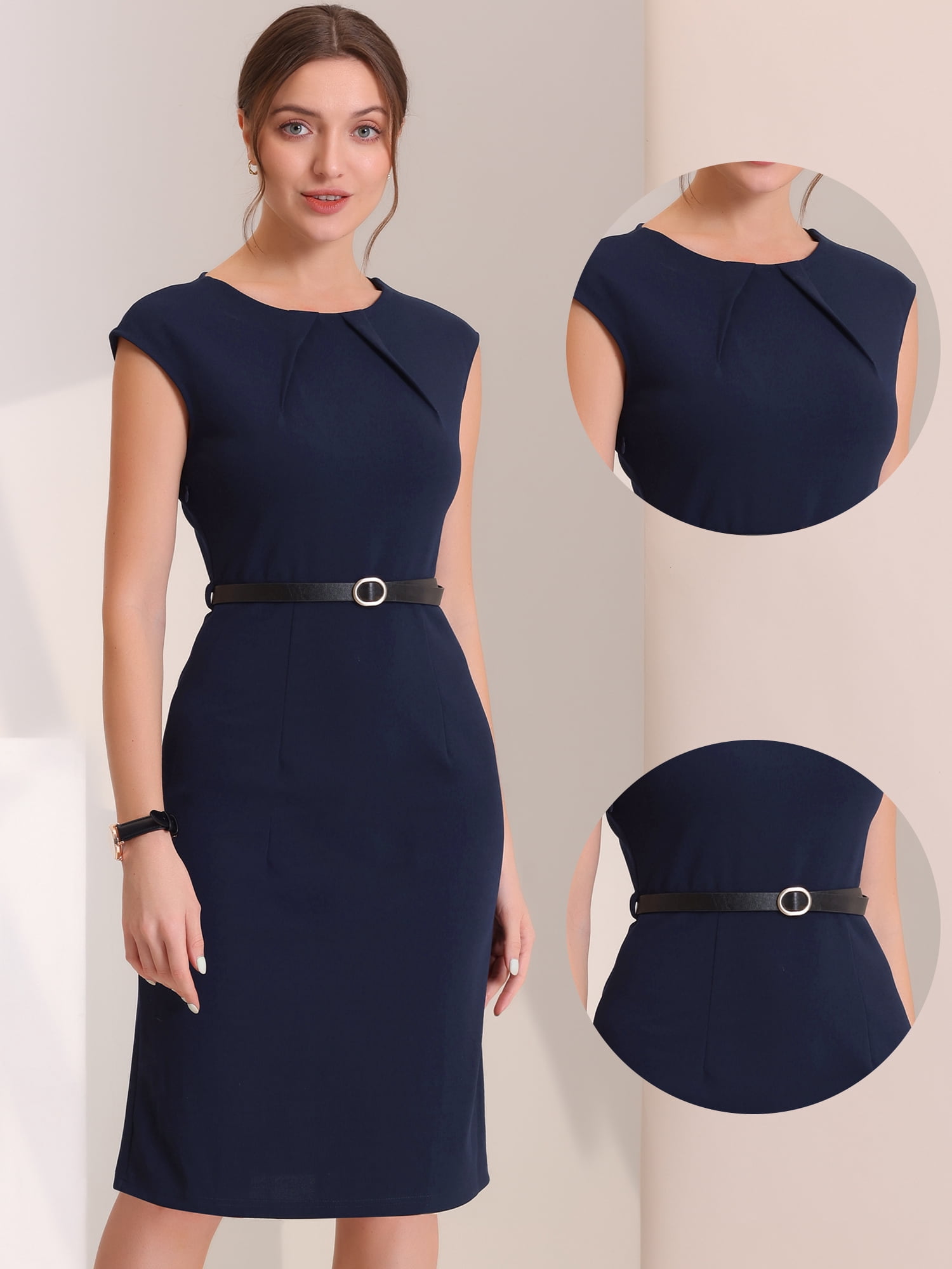 DARING DIVA Elegant Round Neck Cap Sleeve Belted Work Sheath Dresses XS Dark Blue