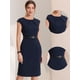 thumbnail image 2 of Elegante vestido de oficina para mujer, cuello redondo, manga casquillo, cinturón, vestidos de trabajo Azul oscuro L, 2 of 6