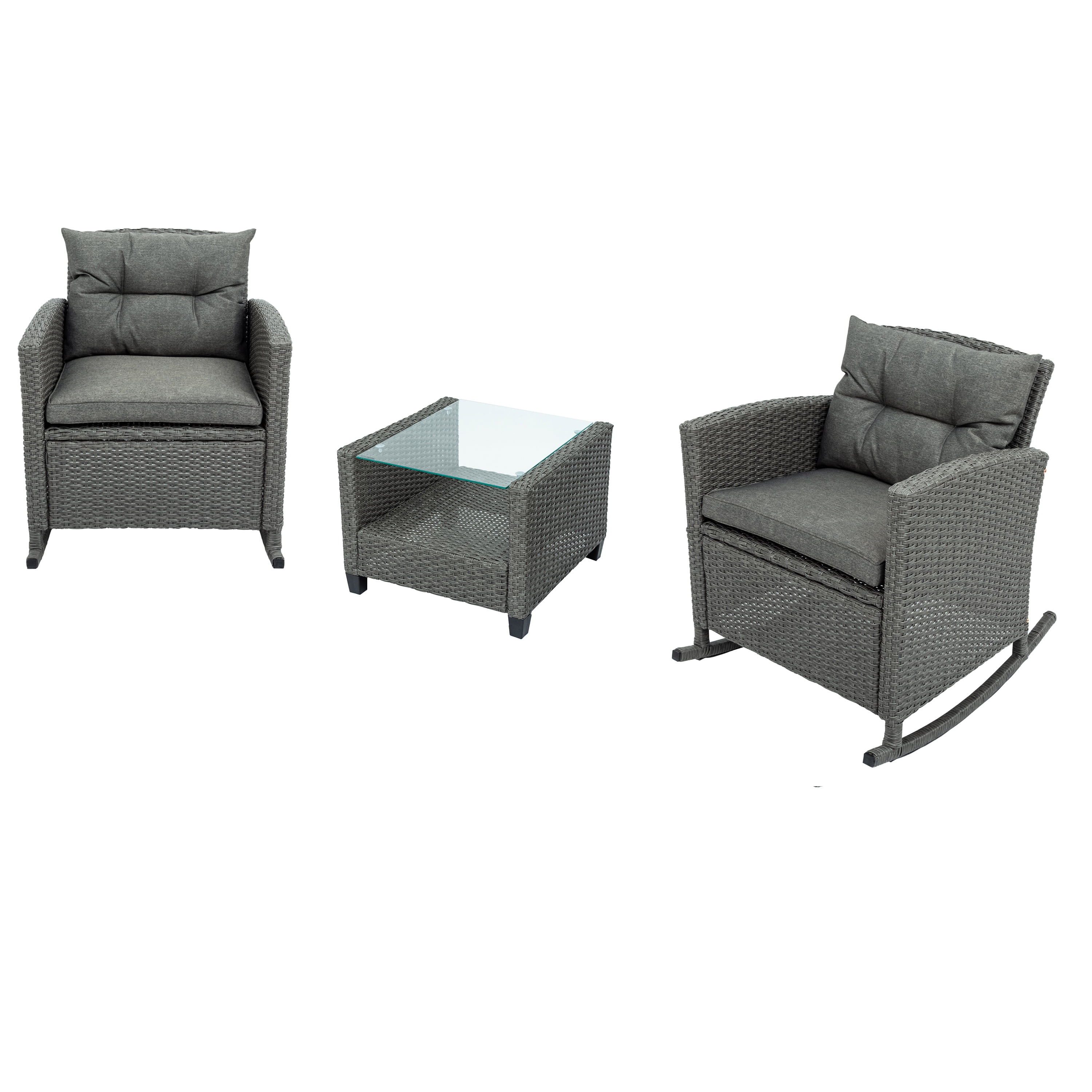 3-Piece Patio Wicker Bistro Furniture Set w/ 2 Rocking Chairs, Outdoor Rocking Chair Set Patio 