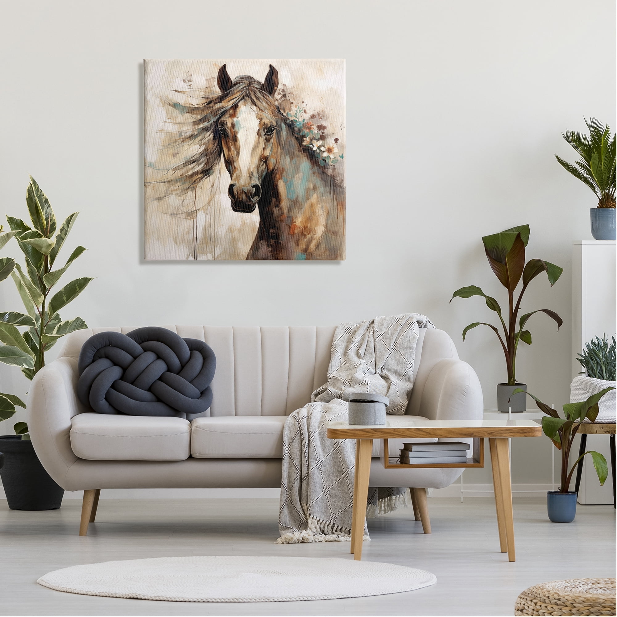 Stupell Industries Brown Horse with Florals Animals & Insects Painting Gallery Wrapped Canvas Art Print Wall Art, 30 x 30