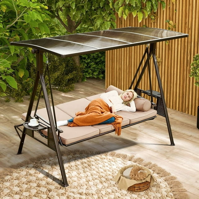 Yoleny Balançoire de Porche pour Patio Extérieur, Édition Prolongée à 3 Places, Auvent Rigide Rotatif, Chaise Balançoire avec Dossier Réglable pour Cour et Pelouse, Beige