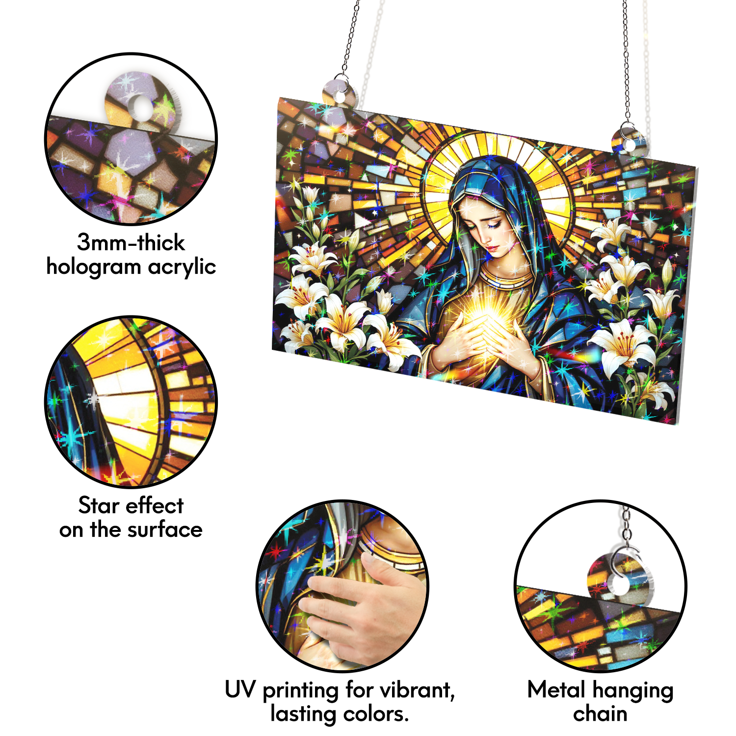 89Bloom Our Lady of Sorrows Stained Glass Hologram Ornament, Stained Glass Suncatcher Ornaments Home Decor, Holographic Ornaments
