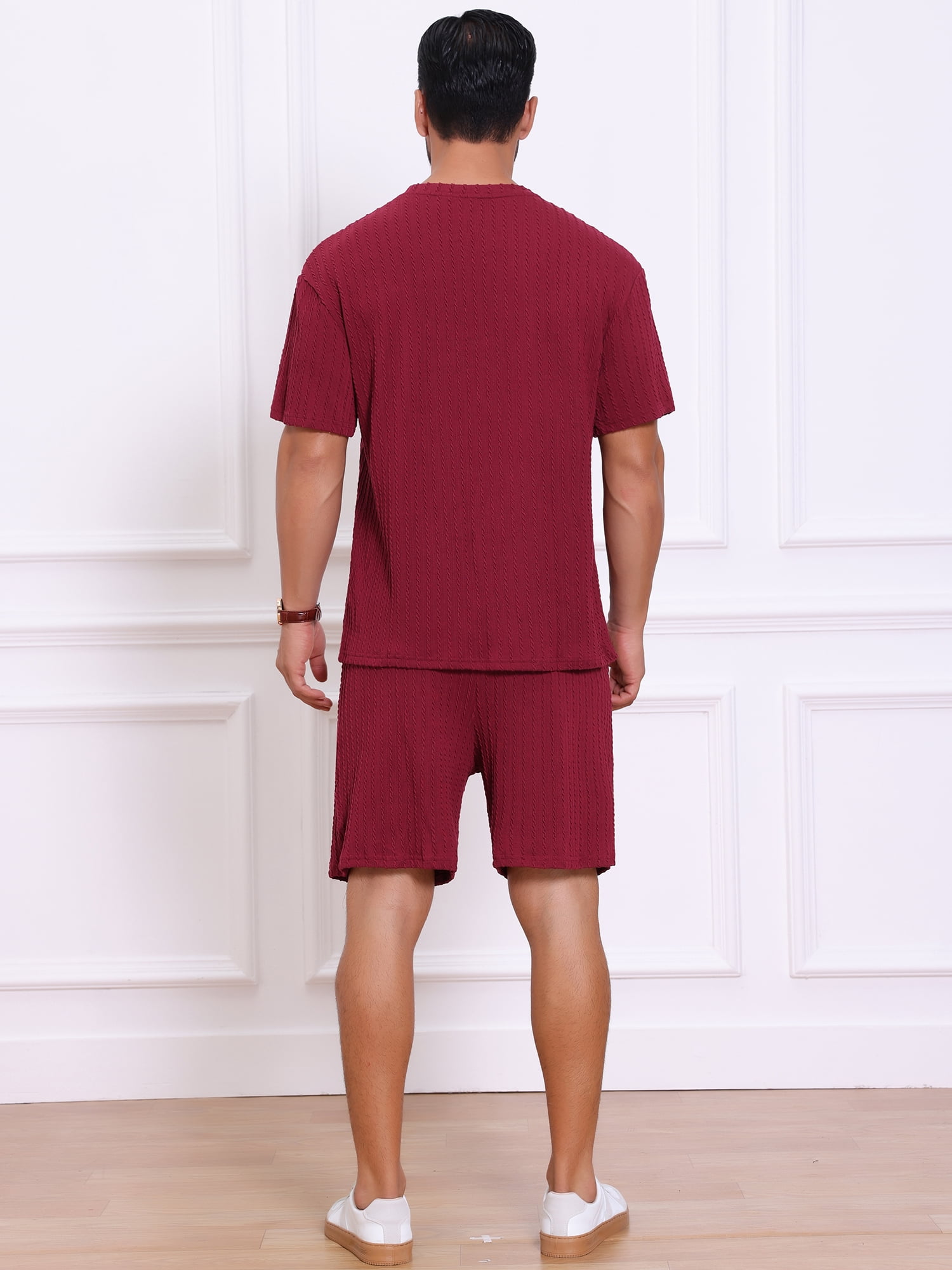 DARING DIVA Men's 2 Pieces Texture Crew Neck Shirt Top and Shorts Outfits 3XL Burgundy