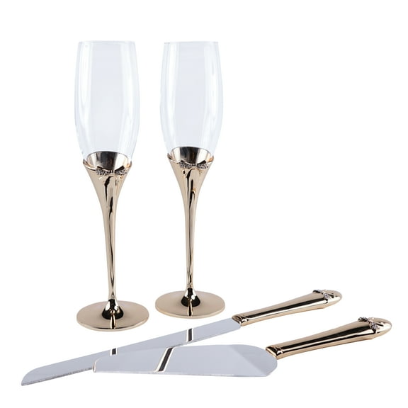 Bow-Tiful Collection Toasting Flutes & Cake Serving Set in Gold