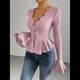 thumbnail image 5 of Camiseta Elegante de Larga con Cuello en V para Mujer, Otoño e Invierno, con Volantes, Corte Entallado y Mangas Acampanadas Rosa XL, 5 of 9