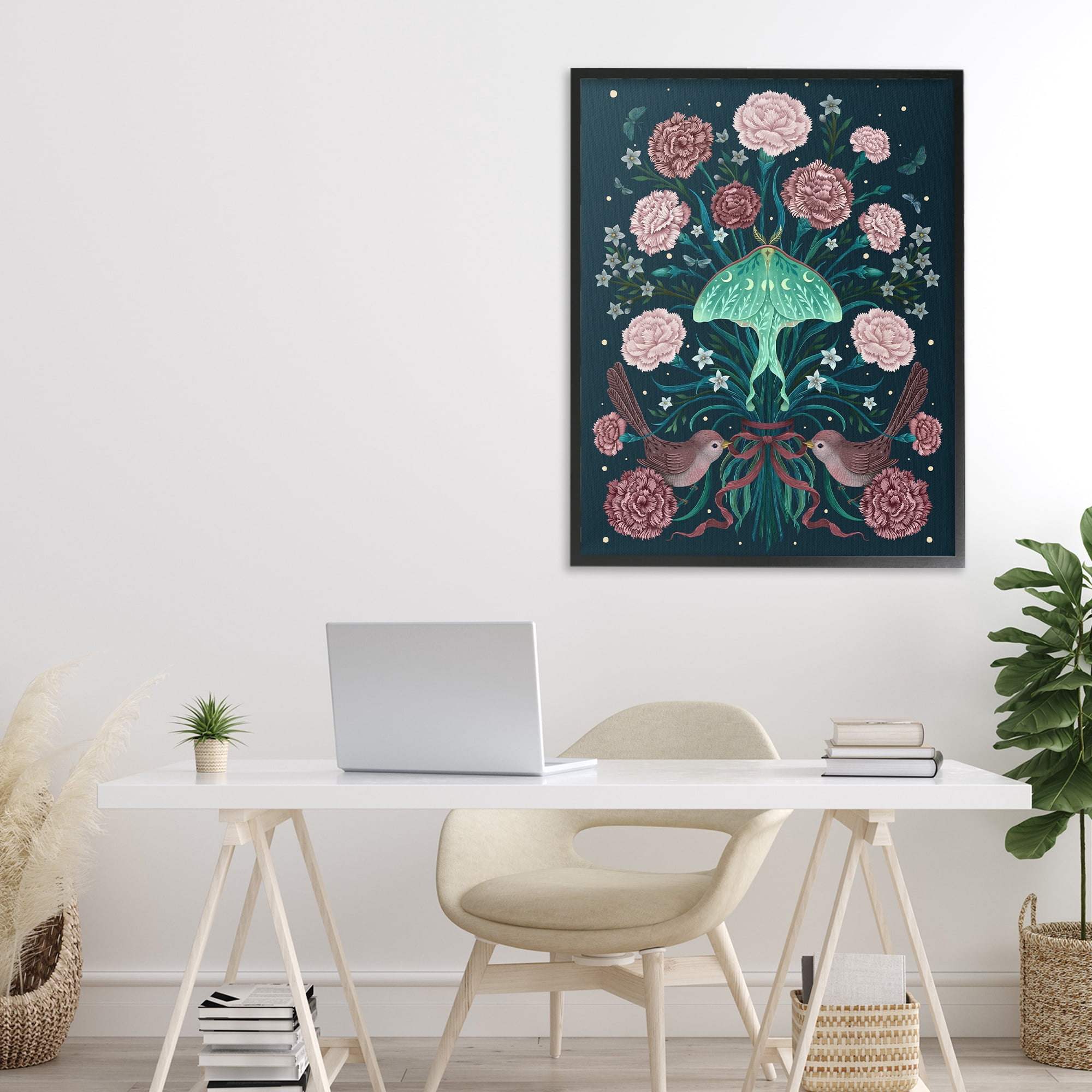 Stupell Industries January Carnations & Moth Black Framed Giclee Art, design by Episodic Drawings