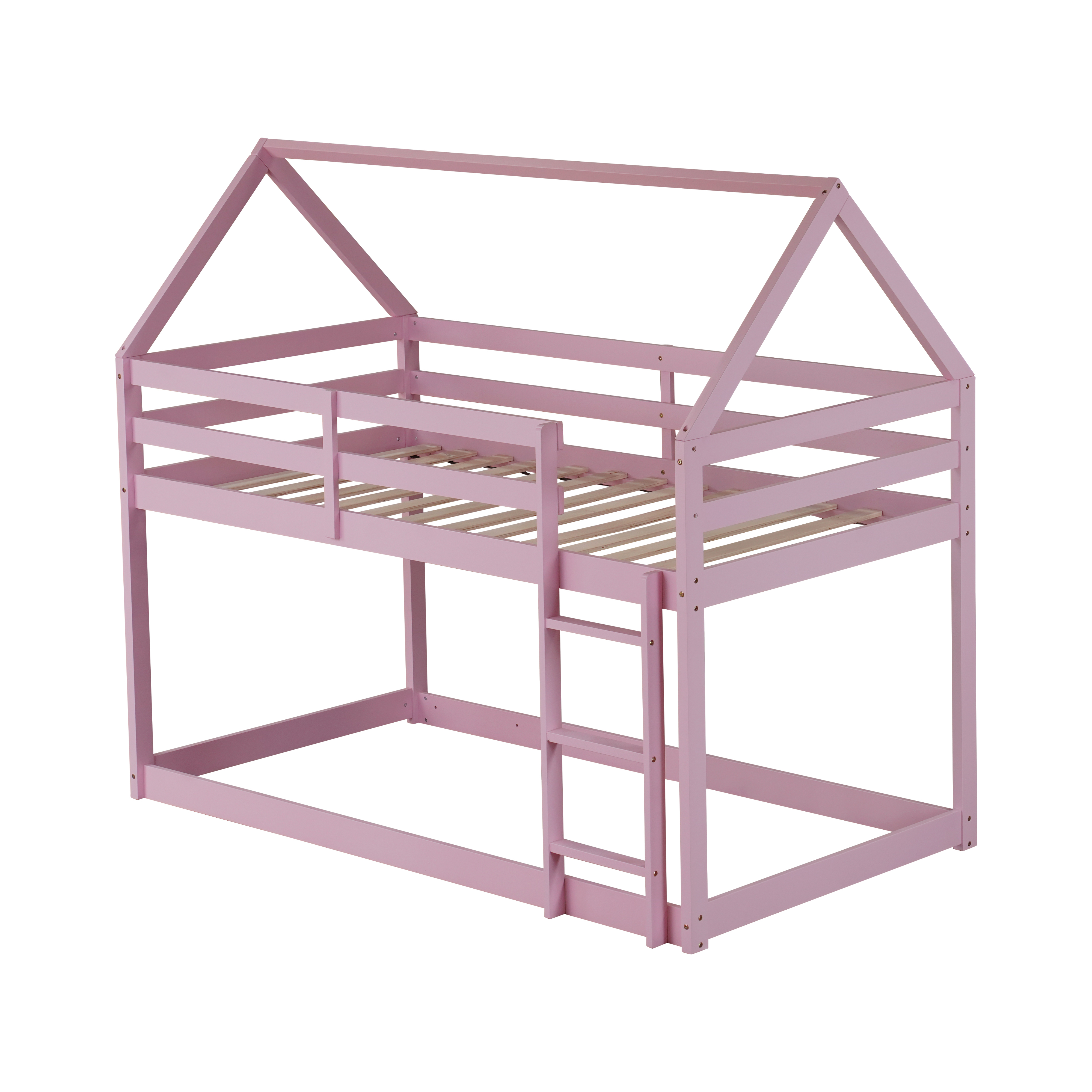 Miniyam Wood Twin over Twin Bunk Bed, House-Shaped Design for Kids and Teens, Pink