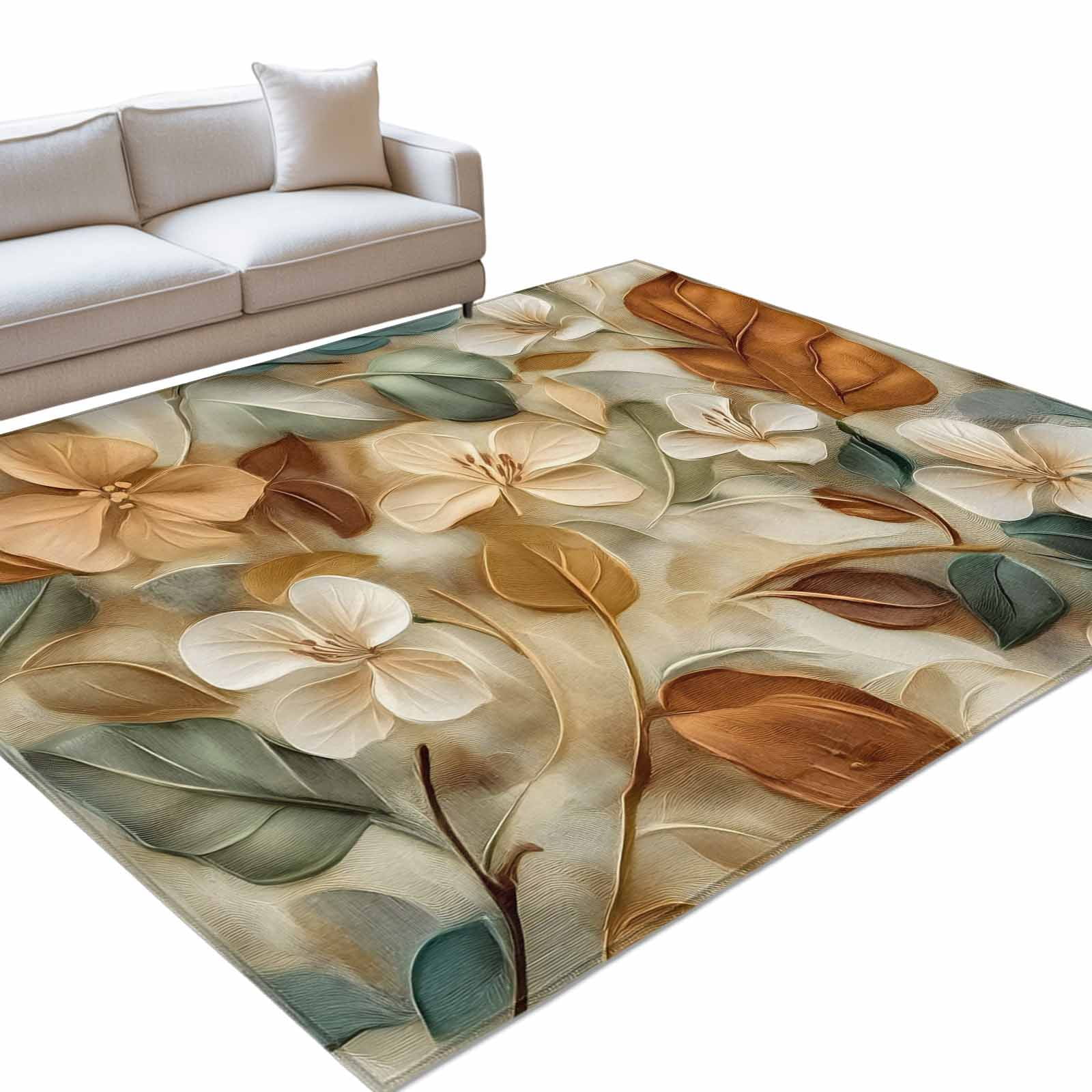 Brown Flower Branch Area Rugs 5x7ft Leaves Plant Retro Farmhouse Washable Rug Non Slip Indoor Carpet Absorbent Floor Mat for Living Room Bedroom Dining Room
