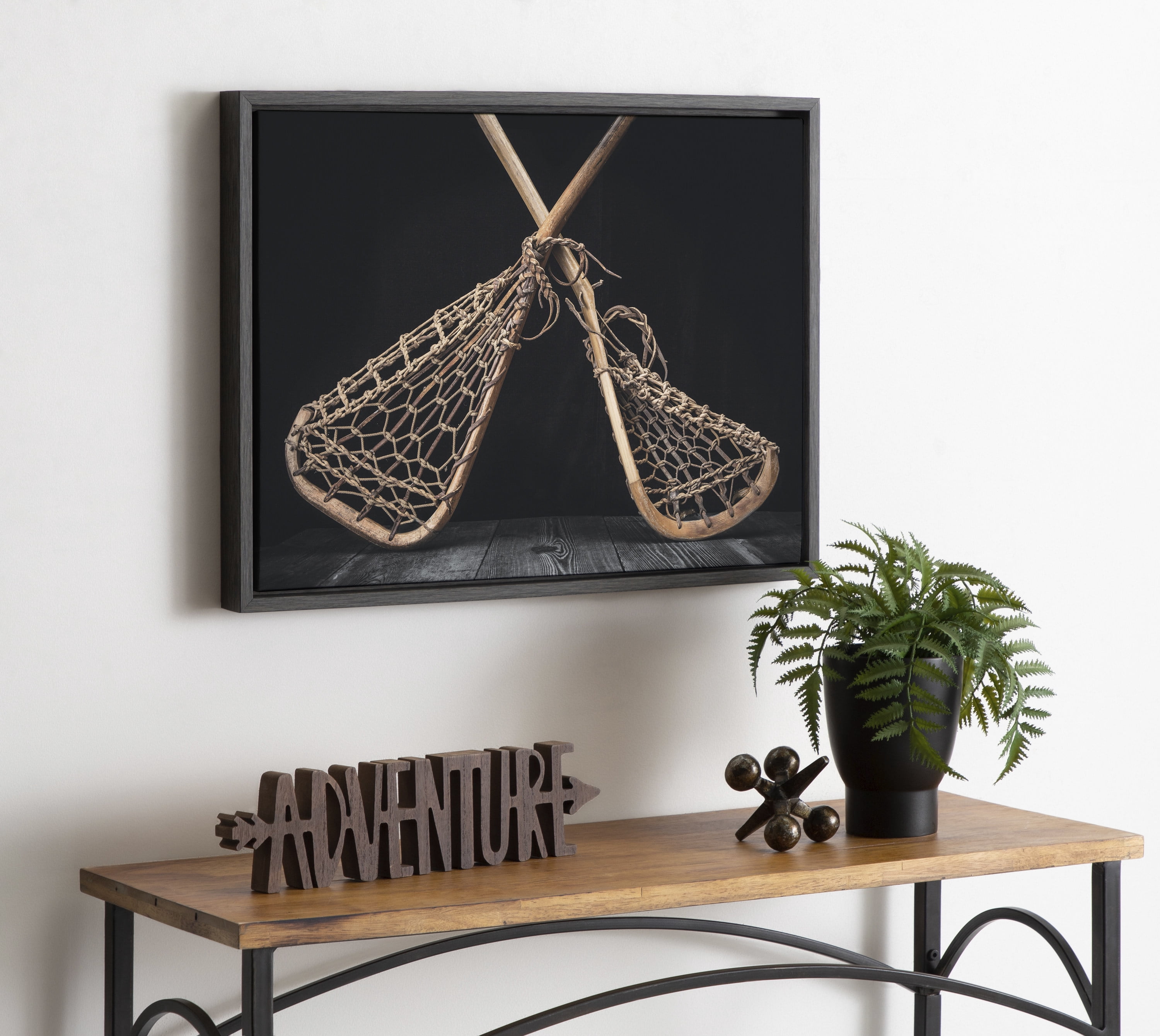 DesignOvation Sylvie Vintage Lacrosse Sticks Framed Canvas By Shawn St. Peter, 18x24 Dark Grey, Transitional Sports Wall Decor For Office, Bedroom, Or Living Room