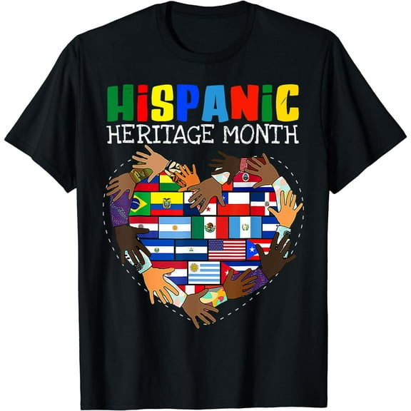 Hispanic Heritage Month All Countries Flag Heart Hands T-Shirt Black Small