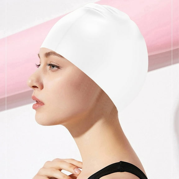 Lilgiuy Swim Caps for Long Hair, Elastic Silicone Swimming Caps for Women Men Adults Youths, Easy to Put On and Off, Waterproof Swim Hats Bathing Caps to Keep Hair Dry, White