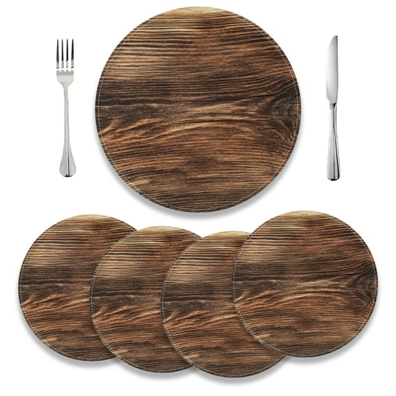 MIZHONA Wood Round Placemats Set of 4 Brown Wooden Table Place Mats,15 inch