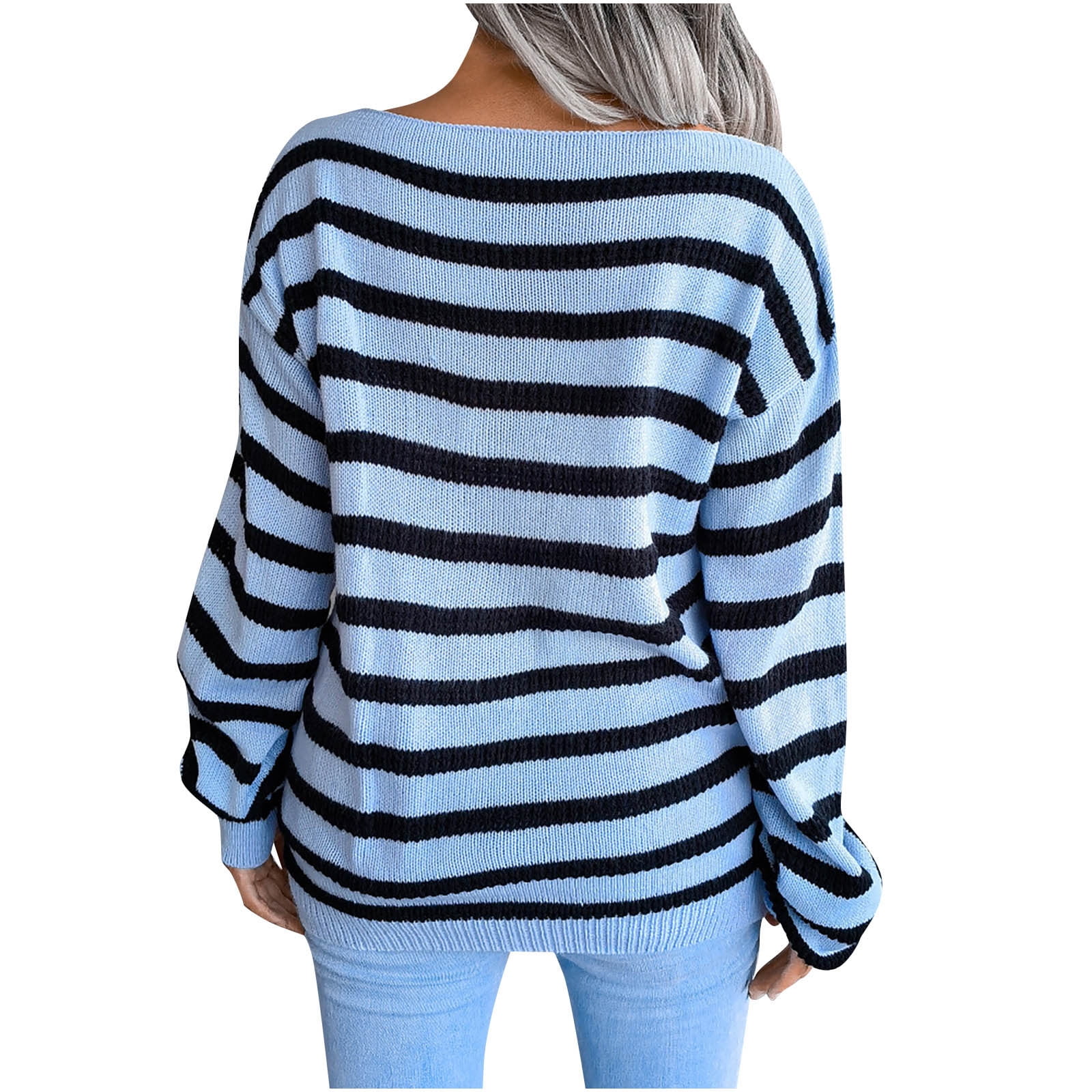 IROINNID Womens Sweater One-Shoulder Pullover Sweater Stripes Comfy Mid-Length Long Sleeve Sweater