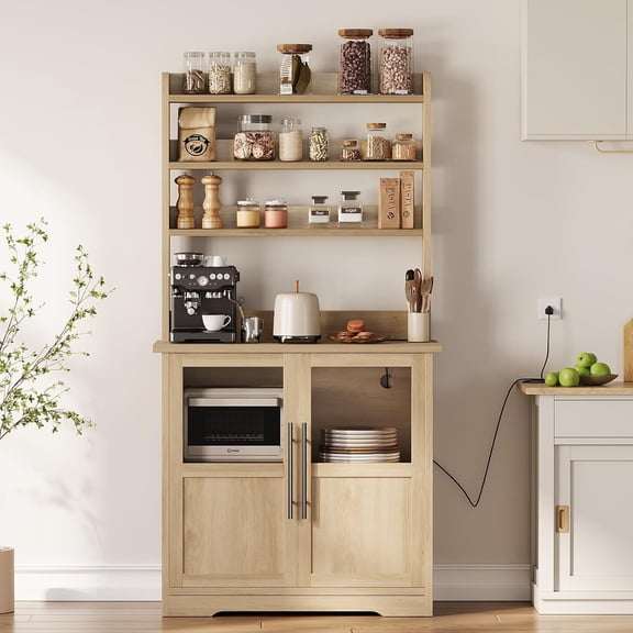 6 Tier Kitchen Bakers Rack with Power Outlet Microwave Stand Bakers Rack with Storage Cabinet Farmhouse Small Kitchen Pantry Hutch with Door Thickened Counter, Coffee Bar Storage Shelves, Oak