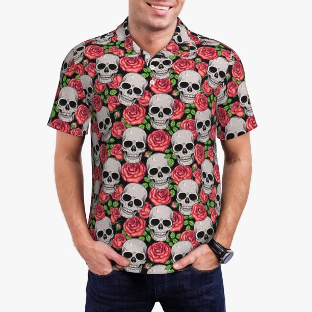 Fotbe Skull and Roses Camiseta Polo de Golf para Hombre con Estampado – Camisa Deportiva Transpirable con Cuello Abotonado-Medium