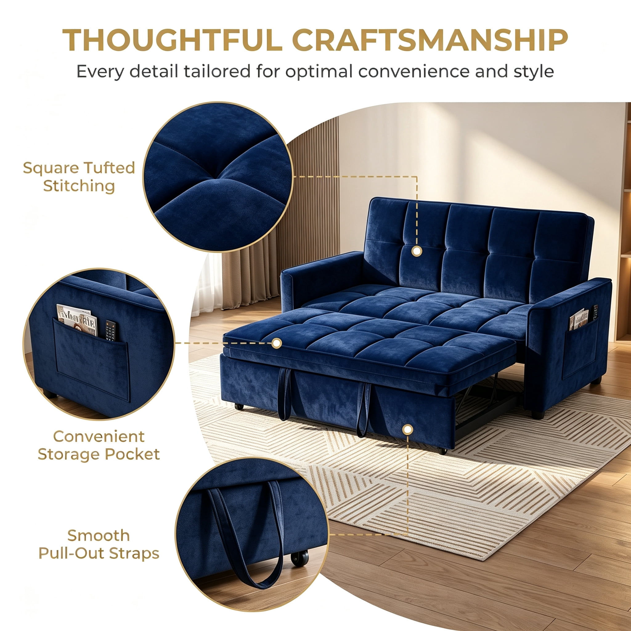 54" Convertible Sleeper Sofa Bed, Modern Velvet 3-in-1 Pull Out Loveseat Couch with 5-Position Backrest & Side Storage Pocket for Living Room, Blue