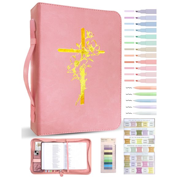 Funda para Biblia Loorow de cuero PU con organizador, rosa