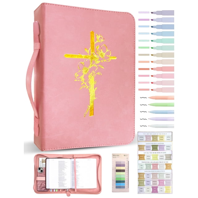 Funda para Biblia Loorow de cuero PU con organizador, rosa