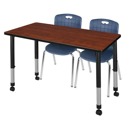 UPC: 0192357040119 | Regency Kee 48  x 24  Height Adjustable Mobile Classroom Table – Cherry & 2 Andy 18-in Stack Chairs- Navy Blue